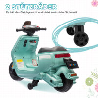 Grünes 6V Elektro-Motorrad für Kinder mit Trainingsrädern, ideal für 1.5-3 Jahre. Hilft kleinen Fahrern, Balance und Vertrauen zu gewinnen.
