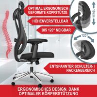 Ergonomischer Bürostuhl mit Lordosenstütze, Kopfstütze und höhenverstellbarer Funktion.