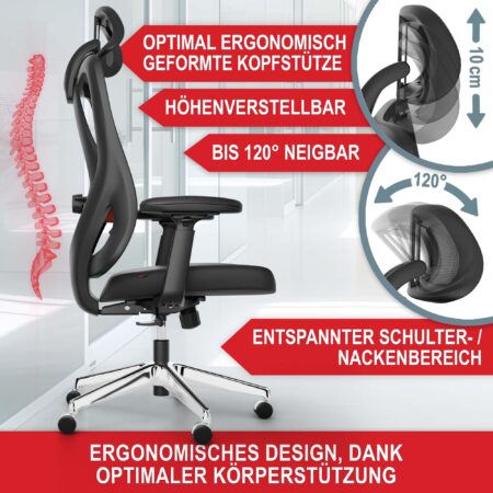 Ergonomischer Bürostuhl mit Lordosenstütze, Kopfstütze und höhenverstellbarer Funktion.