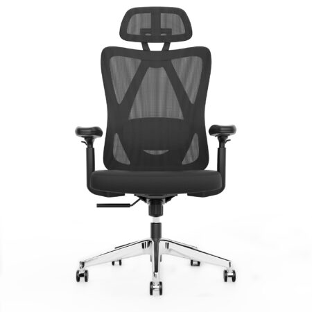 Ergonomischer Bürostuhl mit Lordosenstütze, Kopfstütze und höhenverstellbarer Funktion.