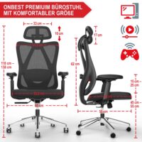 Ergonomischer Bürostuhl mit Lordosenstütze, Kopfstütze und höhenverstellbarer Funktion.