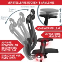 Ergonomischer Bürostuhl mit Lordosenstütze, Kopfstütze und höhenverstellbarer Funktion.