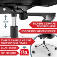 Ergonomischer Bürostuhl mit Lordosenstütze, Kopfstütze und höhenverstellbarer Funktion.