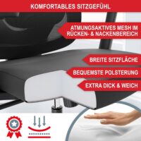 Ergonomischer Bürostuhl mit Lordosenstütze, Kopfstütze und höhenverstellbarer Funktion.