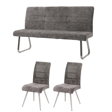Esszimmer-Set 2er-Set Stuhl und Sitzbank 160cm Edelstahl Chenille dunkelgrau