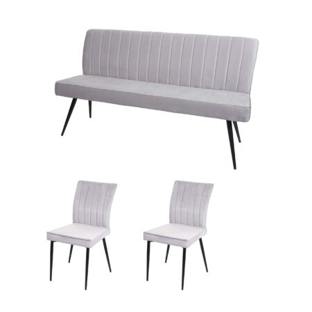 Esszimmer-Set 2er-Set Stuhl und Sitzbank Samt Metall hellgrau
