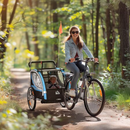 Blau-schwarzer 2-in-1 Fahrradanhänger mit 360° drehbarem Rad, vielseitig als Anhänger oder Jogger einsetzbar.