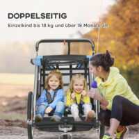 Blau-schwarzer 2-in-1 Fahrradanhänger mit 360° drehbarem Rad, vielseitig als Anhänger oder Jogger einsetzbar.