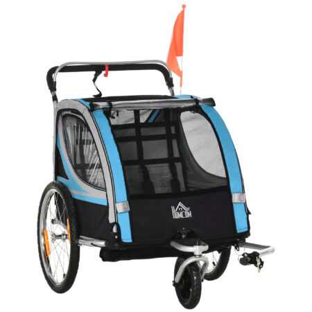 Blau-schwarzer 2-in-1 Fahrradanhänger mit 360° drehbarem Rad, vielseitig als Anhänger oder Jogger einsetzbar.