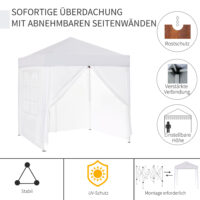 Weißer 2x2m Faltpavillon mit 4 Seitenwänden.