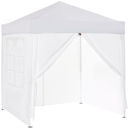 Weißer 2x2m Faltpavillon mit 4 Seitenwänden.
