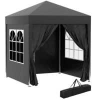 Schwarzer 2x2m Faltpavillon mit Seitenwänden & UV-Schutz.