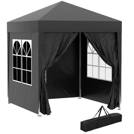 Schwarzer 2x2m Faltpavillon mit Seitenwänden & UV-Schutz.