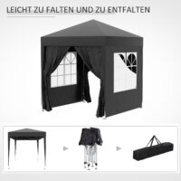 Schwarzer 2x2m Faltpavillon mit Seitenwänden & UV-Schutz.