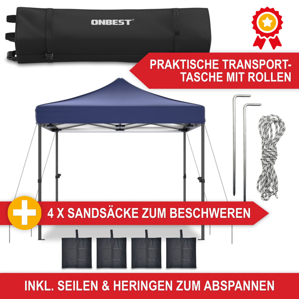 Blauer Popup-Faltpavillon 3x3 m mit robustem Metallgestell für schnellen Aufbau.