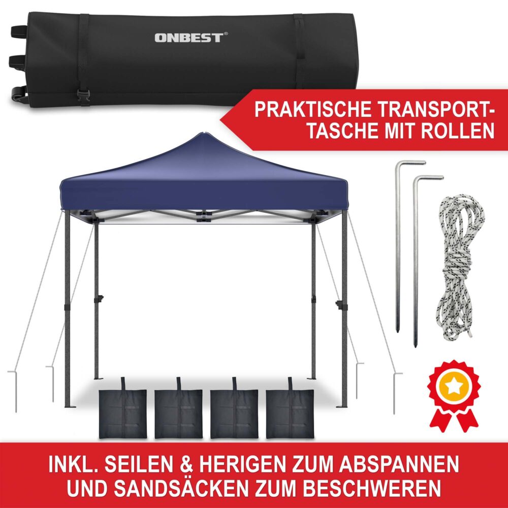 Blauer Popup-Faltpavillon 3x3 m mit robustem Metallgestell für schnellen Aufbau.