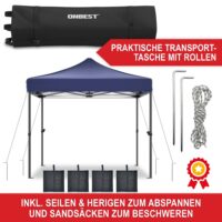 Blauer Popup-Faltpavillon 3x3 m mit robustem Metallgestell für schnellen Aufbau.