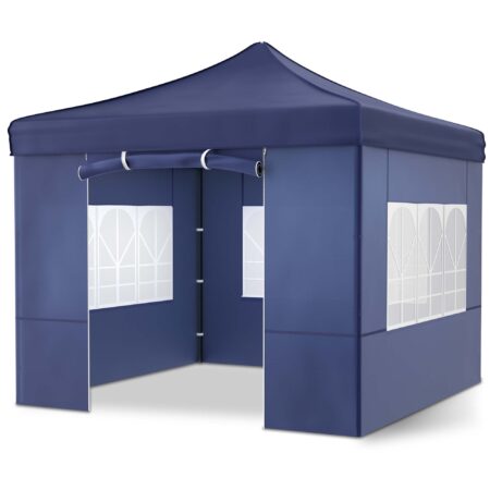 Blauer Popup-Faltpavillon 3x3 m mit robustem Metallgestell für schnellen Aufbau.