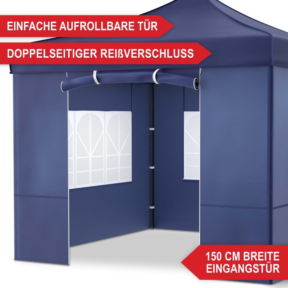 Blauer Popup-Faltpavillon 3x3 m mit robustem Metallgestell für schnellen Aufbau.