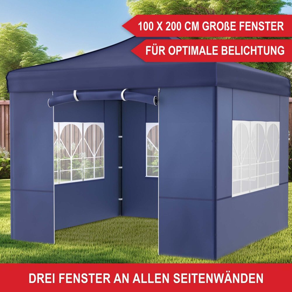 Blauer Popup-Faltpavillon 3x3 m mit robustem Metallgestell für schnellen Aufbau.
