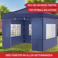 Blauer Popup-Faltpavillon 3x3 m mit robustem Metallgestell für schnellen Aufbau.