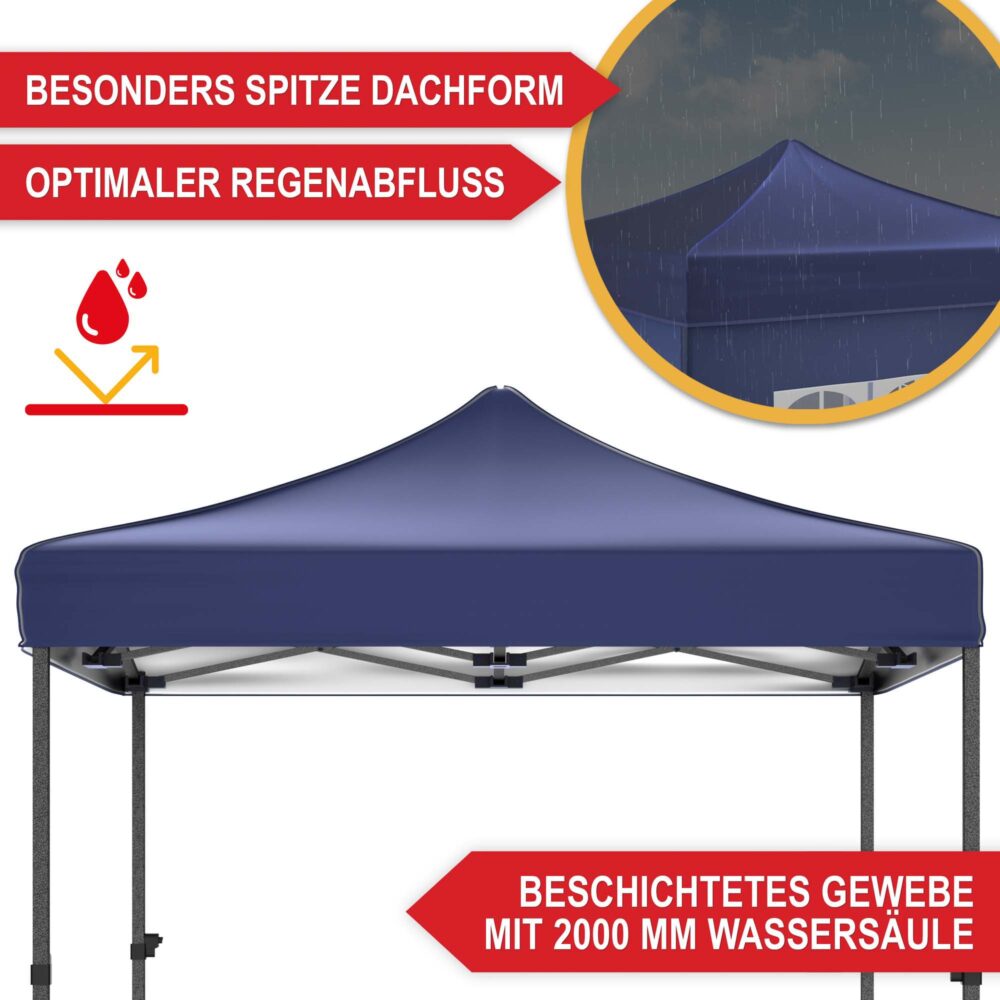Blauer Popup-Faltpavillon 3x3 m mit robustem Metallgestell für schnellen Aufbau.