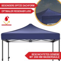 Blauer Popup-Faltpavillon 3x3 m mit robustem Metallgestell für schnellen Aufbau.