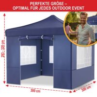 Blauer Popup-Faltpavillon 3x3 m mit robustem Metallgestell für schnellen Aufbau.