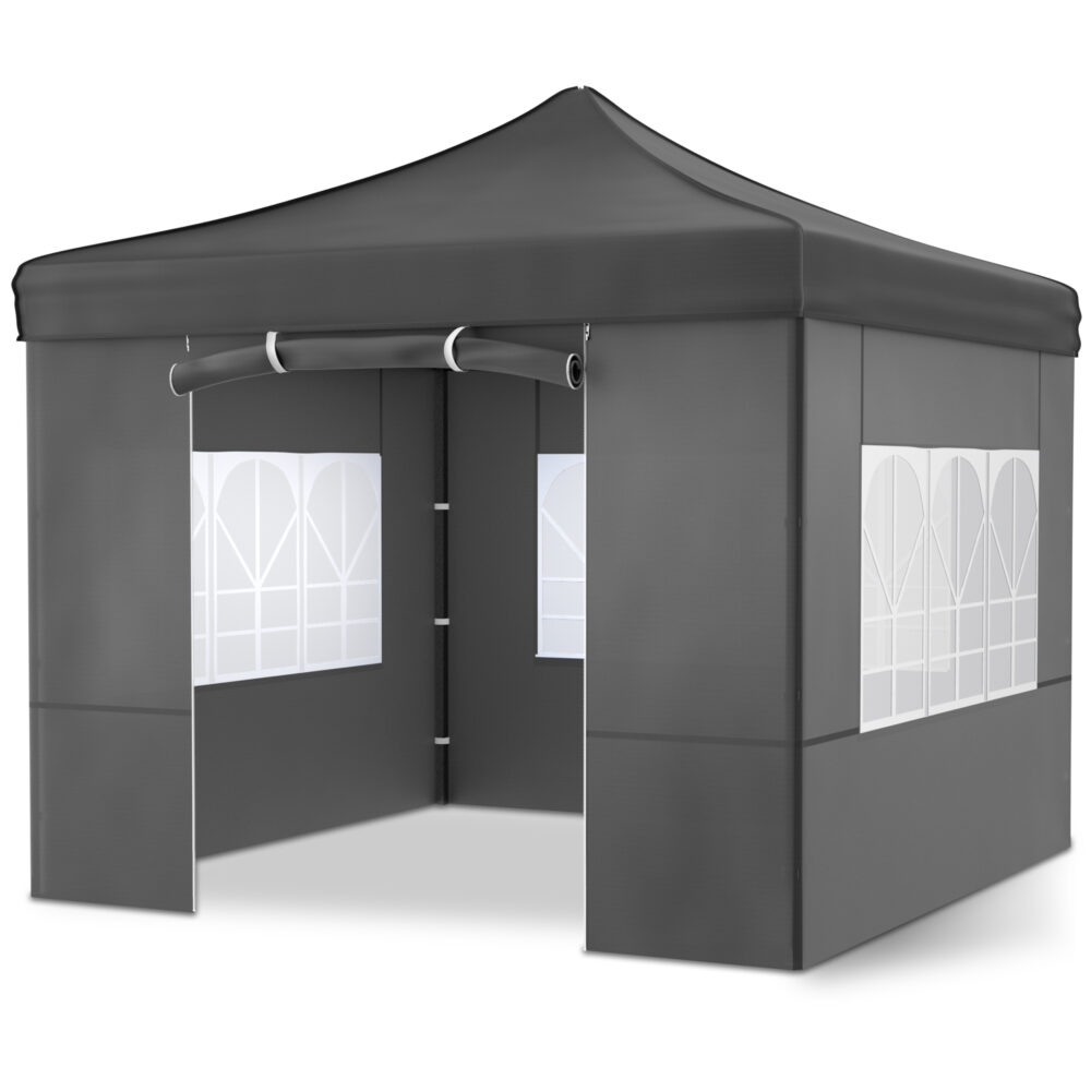 Grauer 3x3 m Faltpavillon mit wetterfestem Dach für Feste, Märkte oder Gartenpartys.