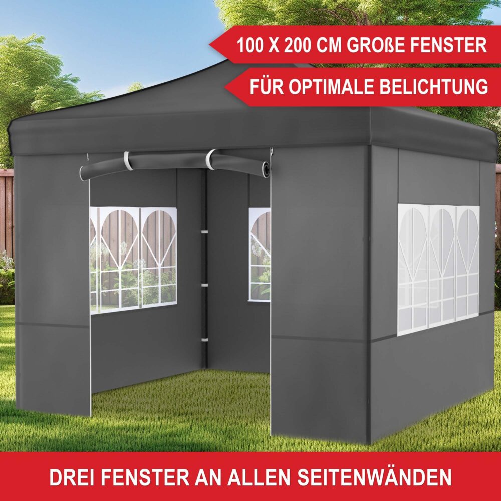 Grauer 3x3 m Faltpavillon mit wetterfestem Dach für Feste, Märkte oder Gartenpartys.