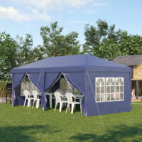 Blauer Faltpavillon 585x295m mit UV-Schutz und Seitenwänden.