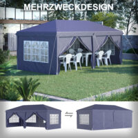Blauer Faltpavillon 585x295m mit UV-Schutz und Seitenwänden.