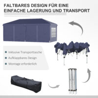 Blauer Faltpavillon 585x295m mit UV-Schutz und Seitenwänden.
