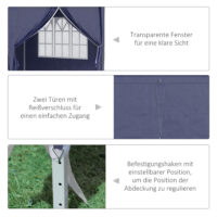 Blauer Faltpavillon 585x295m mit UV-Schutz und Seitenwänden.