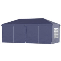 Blauer Faltpavillon 585x295m mit UV-Schutz und Seitenwänden.