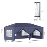 Blauer Faltpavillon 585x295m mit UV-Schutz und Seitenwänden.