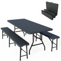 Kunststoff-Bierzeltgarnitur mit Holzoptik, wetterfest und klappbar.