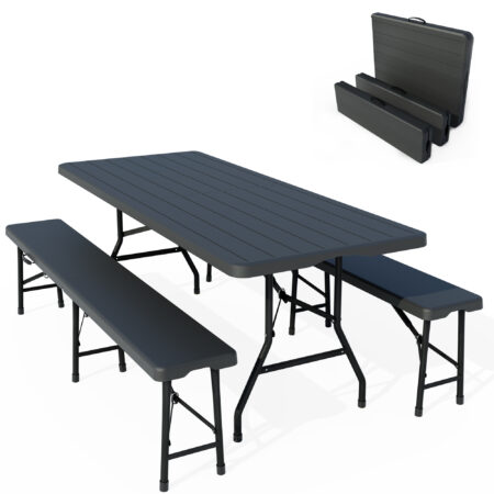 Kunststoff-Bierzeltgarnitur mit Holzoptik, wetterfest und klappbar.