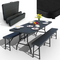 Kunststoff-Bierzeltgarnitur mit Holzoptik, wetterfest und klappbar.