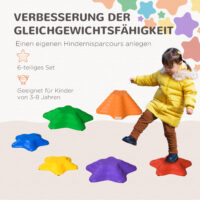 Buntes Kinderspielzeug in Form von rutschfesten Flusssteinen, bis 80kg belastbar. Es fördert das Gleichgewicht und kreatives Spiel im Kinderzimmer oder Garten.