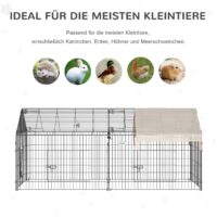 Beiges Freigehege mit integriertem Sonnenschutz aus Metall.