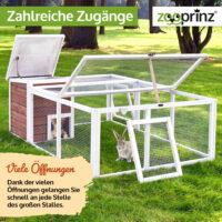 Offenes Freigehege mit Holzhaus für Schutz und Spielmöglichkeiten.