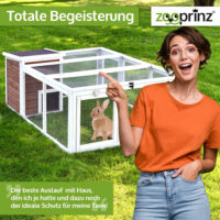 Offenes Freigehege mit Holzhaus für Schutz und Spielmöglichkeiten.