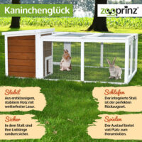 Offenes Freigehege mit Holzhaus für Schutz und Spielmöglichkeiten.