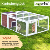 Offenes Freigehege mit Holzhaus für Schutz und Spielmöglichkeiten.