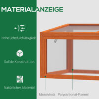 Wetterfestes oranges Frühbeet aus Holz und Polycarbonat, schützt Pflanzen vor Witterungseinflüssen und fördert das Wachstum.