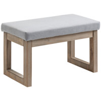 Eine graue Fussbank und Polsterhocker mit Holzbeinen.