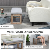 Eine graue Fussbank und Polsterhocker mit Holzbeinen.