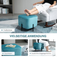 Ein türkisfarbener, gepolsterter Fusshocker mit Stahlrahmen.