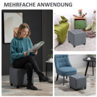 Ein grauer, quadratischer Fusshocker in Leinenoptik, Maße 35x35x35cm.